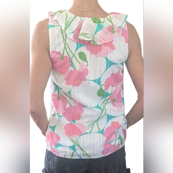 Lilly Pulitzer COTTON Ruffled Flirty Pink Green Floral Print Sleeveless Blouse S - Picture 2 of 15
